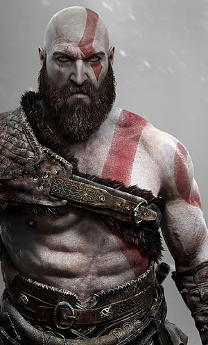 Kratos God of War Portrait With Red War Paint And Fur Armor HD phone wallpaper