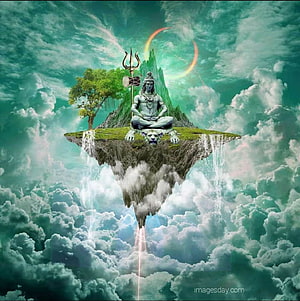 Lord Shiva Meditating on Floating Island with Trishul and Nandi in Clouds HD phone wallpaper