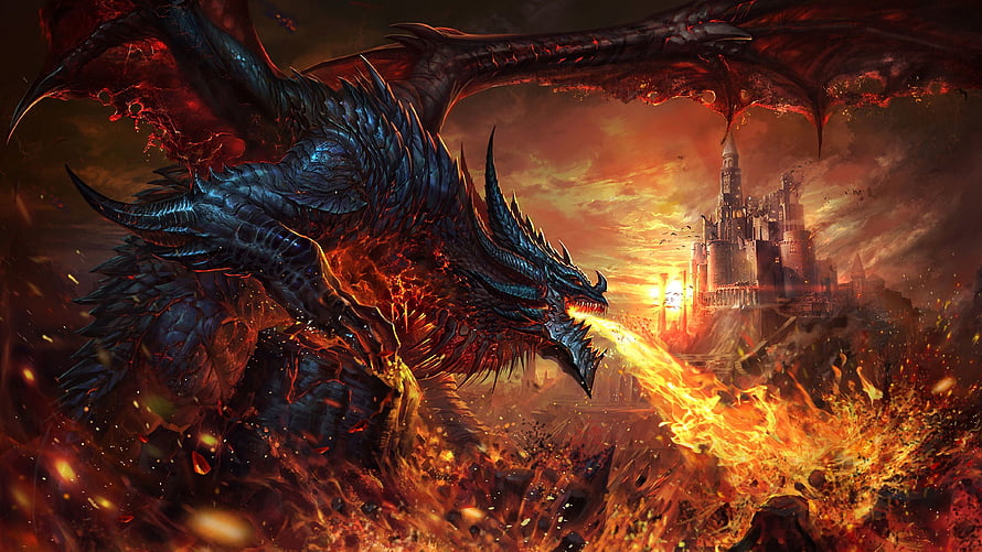 Majestic Fire-Breathing Dragon Assaulting a Castle in a Fantasy Landscape HD wallpaper