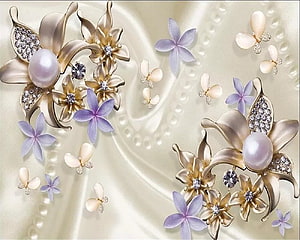 Elegant Pearl and Diamond Floral Brooches on Soft Cream Silk with Lavender Flowers HD wallpaper