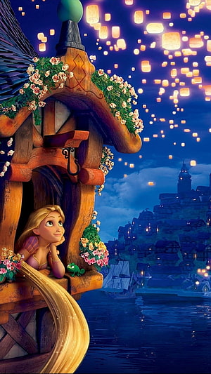 Rapunzel from Tangled gazing at floating lanterns over a coastal village at night HD phone wallpaper