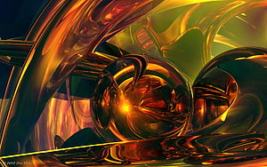 Vibrant Abstract 3D Render with Glossy Metallic Spheres and Warm Golden Tones HD wallpaper
