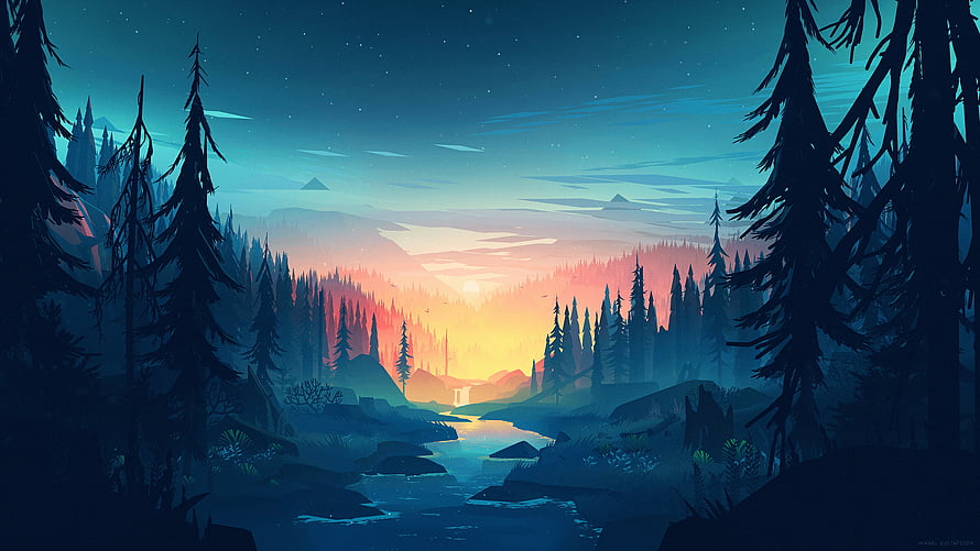 Serene Forest River at Sunset with Pine Trees and Distant Mountains HD wallpaper