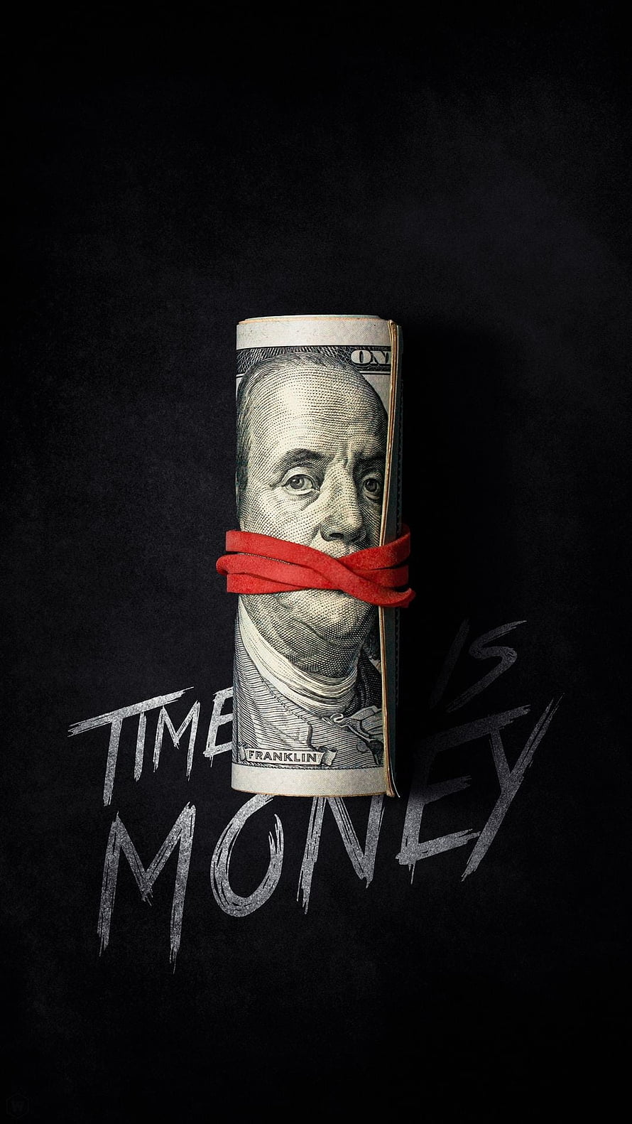 Rolled hundred dollar bill with red ribbon and time is money text on dark background HD phone wallpaper