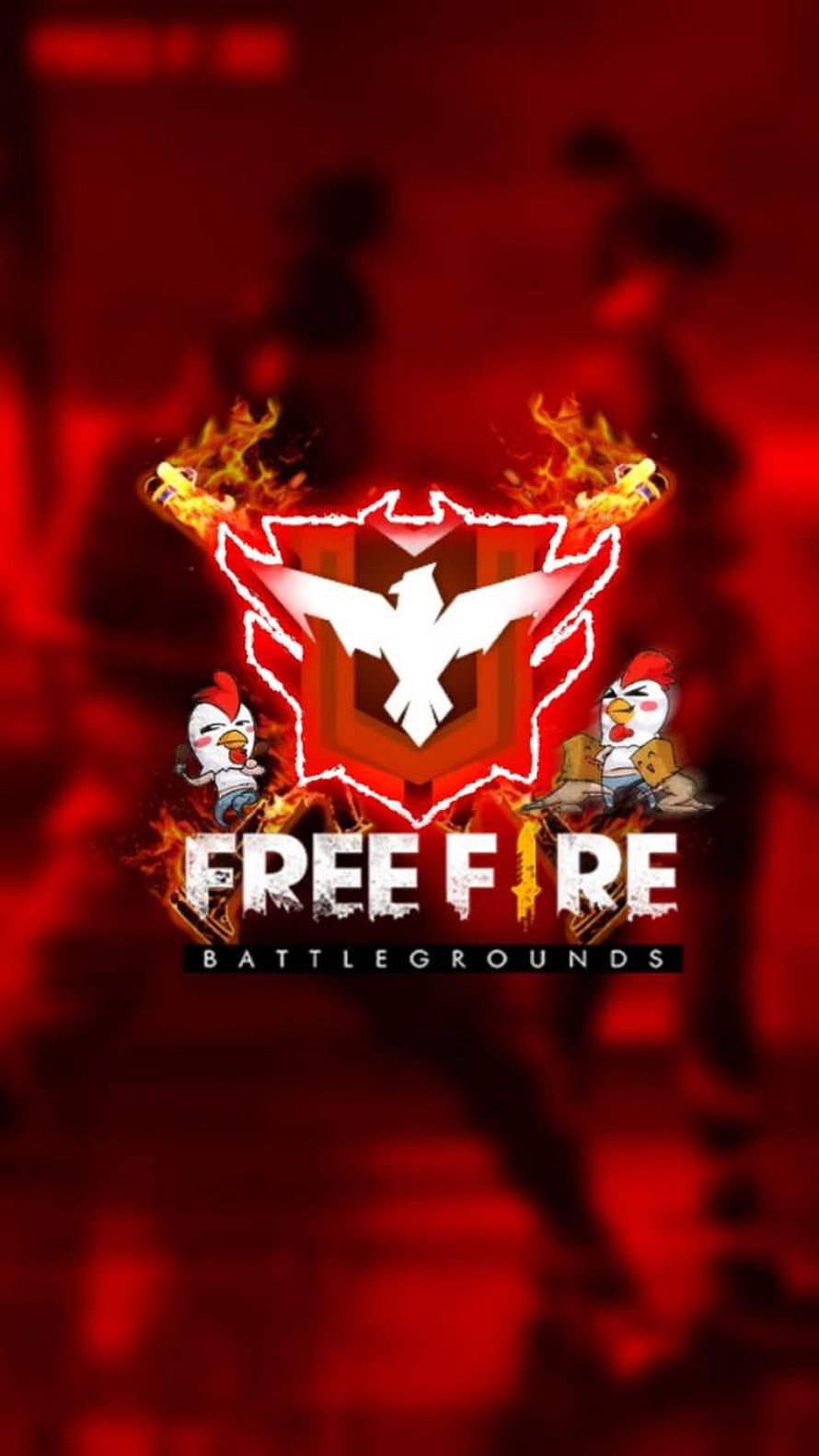 Free Fire Battlegrounds flaming logo with mascot chickens on a dark red background HD phone wallpaper