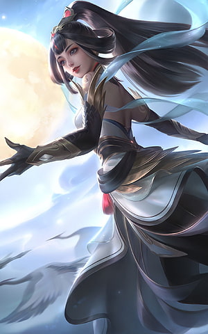 Lady Crane Hero Artwork from Mobile Legends with Flowing Hair and Ornate Armor HD phone wallpaper