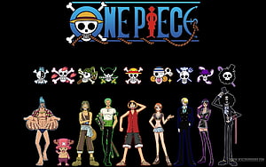 One Piece Straw Hat Pirates Full Crew Lineup with Jolly Roger Logos on Black Background HD wallpaper