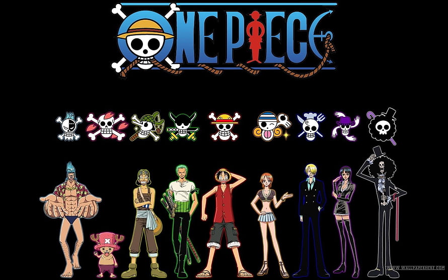 One Piece Straw Hat Pirates Full Crew Lineup with Jolly Roger Logos on Black Background HD wallpaper