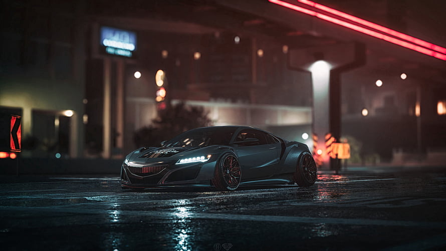 Sleek Grey Sports Car Parked on Wet Asphalt Under Neon City Lights at Night HD wallpaper