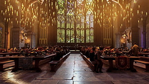 Hogwarts Great Hall Interior with Floating Candles and Stained Glass Windows HD wallpaper