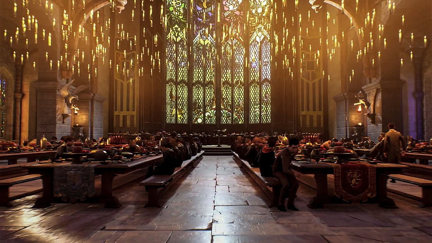 Hogwarts Great Hall Interior with Floating Candles and Stained Glass Windows HD wallpaper