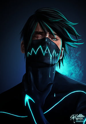 Digital Art of a Masked Character with Glowing Cyan Lines and Dark Hair HD phone wallpaper