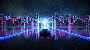 Retro Synthwave Highway with Neon City Skyline and Classic Sports Car at Night HD wallpaper