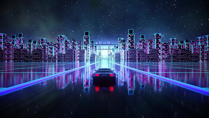Retro Synthwave Highway with Neon City Skyline and Classic Sports Car at Night HD wallpaper