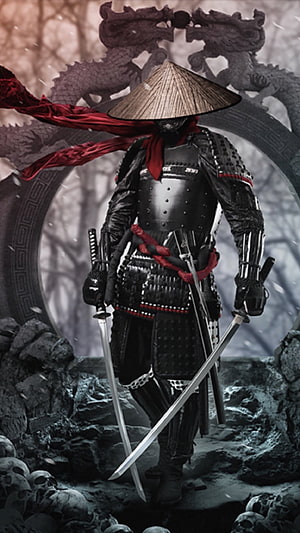 Samurai Warrior in Black Armor with Dual Swords and Conical Hat HD phone wallpaper