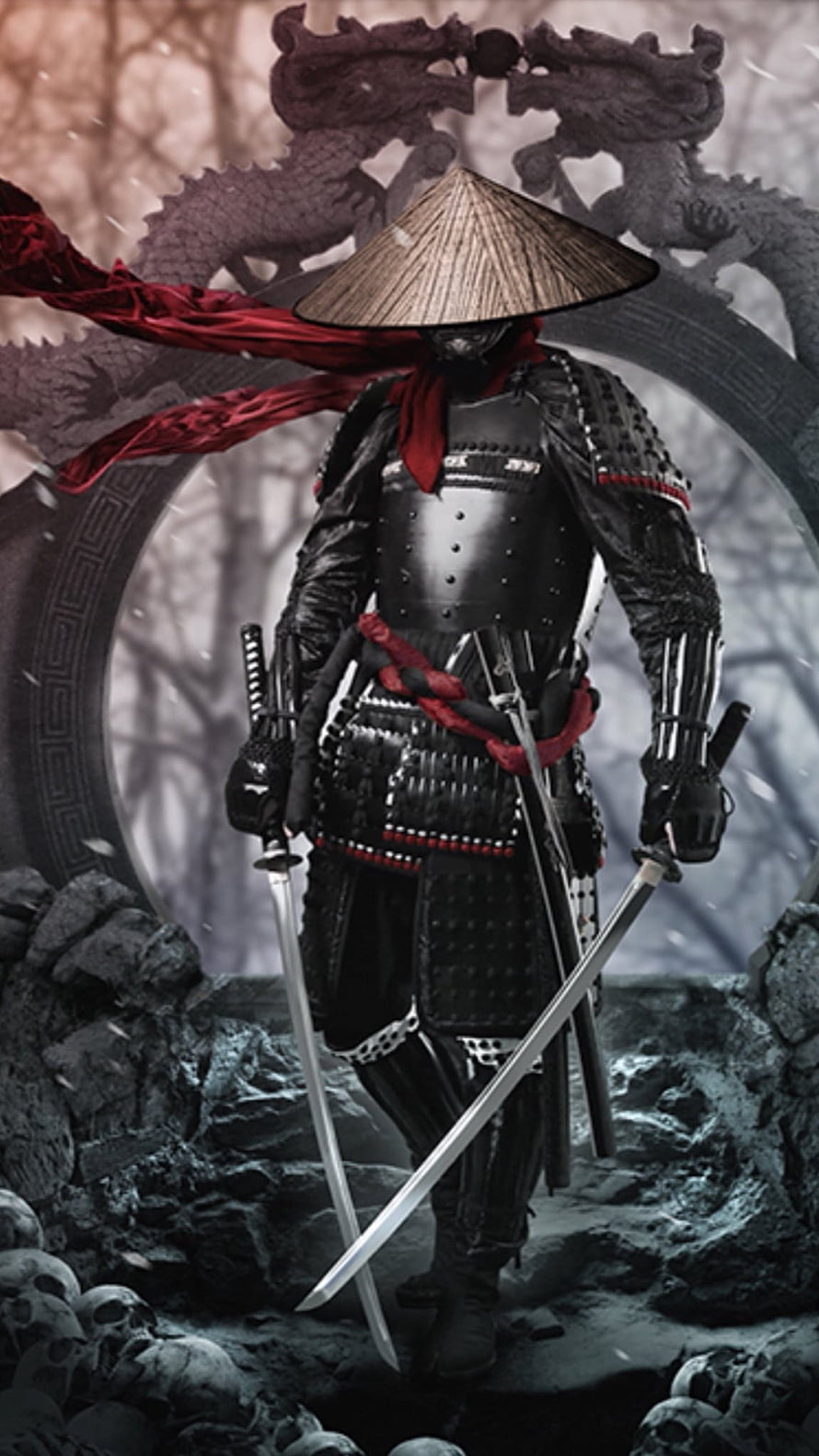 Samurai Warrior in Black Armor with Dual Swords and Conical Hat HD phone wallpaper