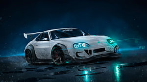 Custom White Toyota Supra with Neon Underglow on Wet Night Street HD wallpaper