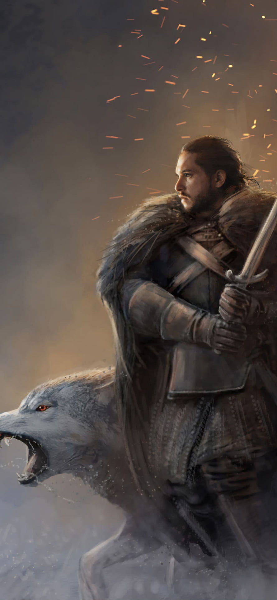 Game of Thrones warrior with direwolf in dramatic fantasy battle scene HD phone wallpaper
