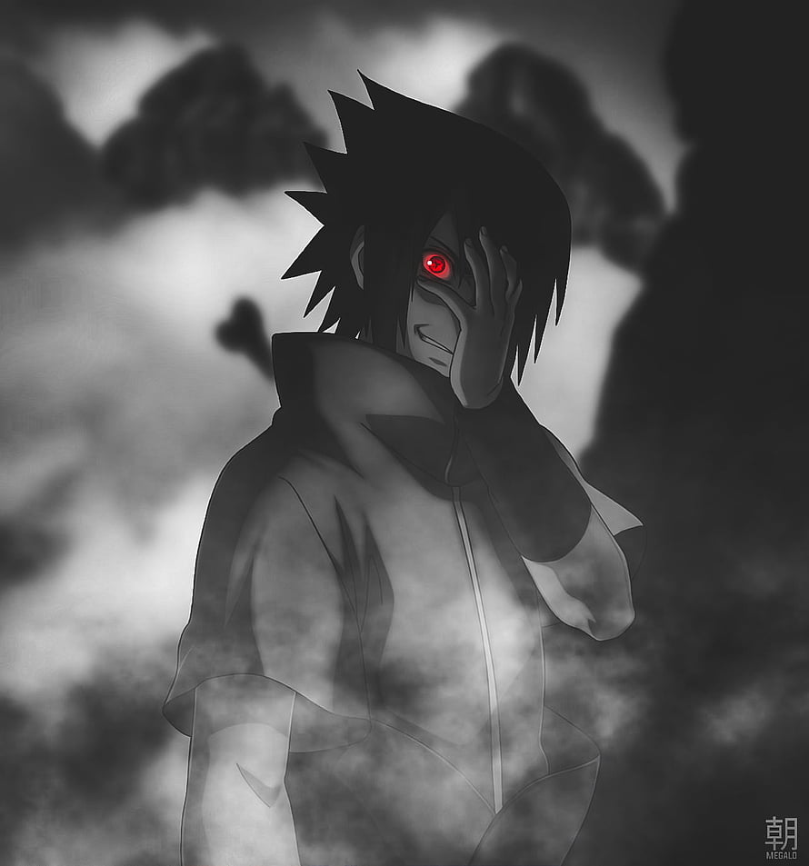 Sasuke Uchiha with Sharingan Eye in Dark Misty Atmosphere Anime Illustration HD phone wallpaper