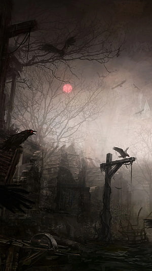 Diablo III Dark Gothic Ruins with Red Moon and Ravens in Misty Forest HD phone wallpaper