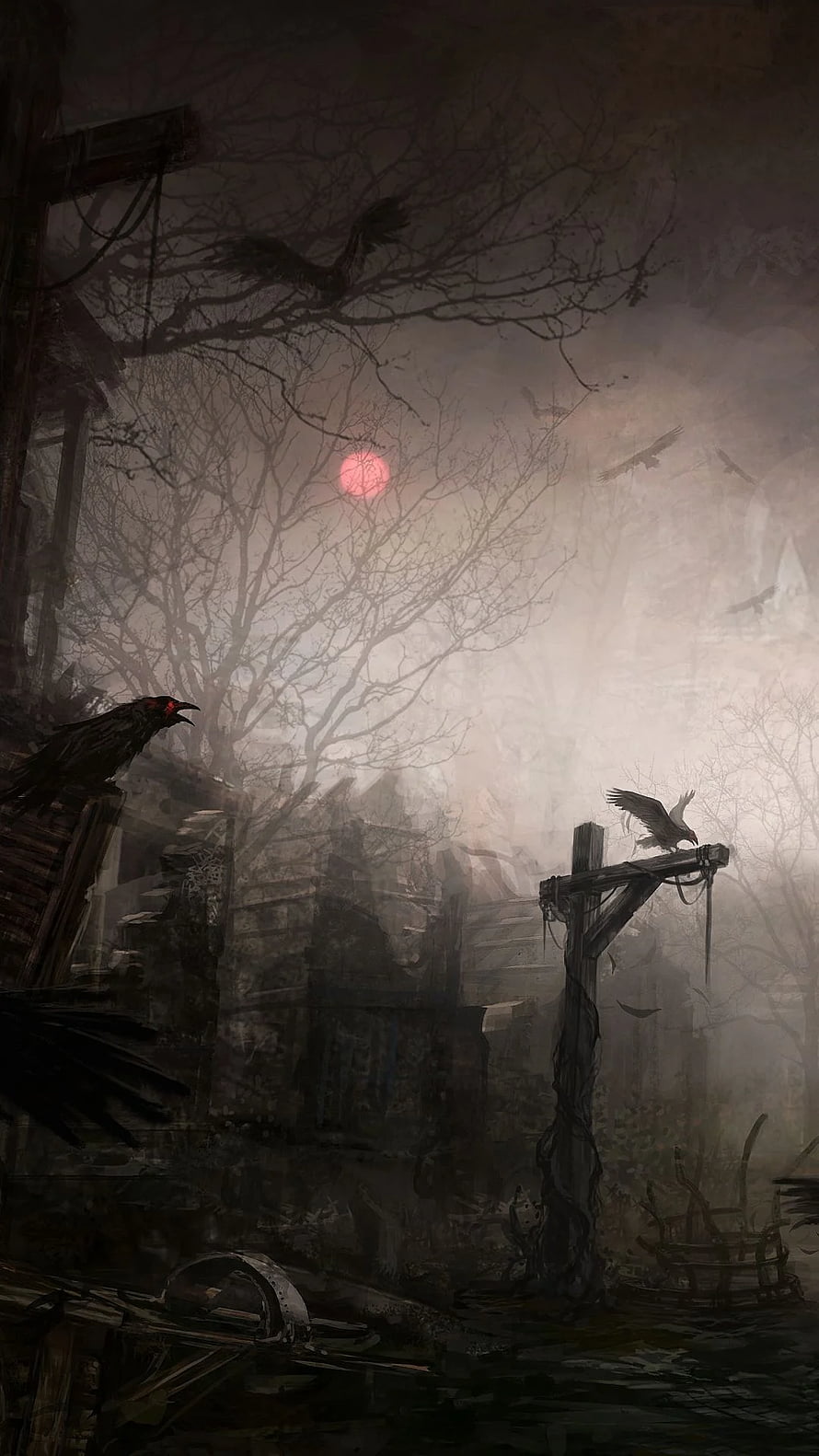 Diablo III Dark Gothic Ruins with Red Moon and Ravens in Misty Forest HD phone wallpaper