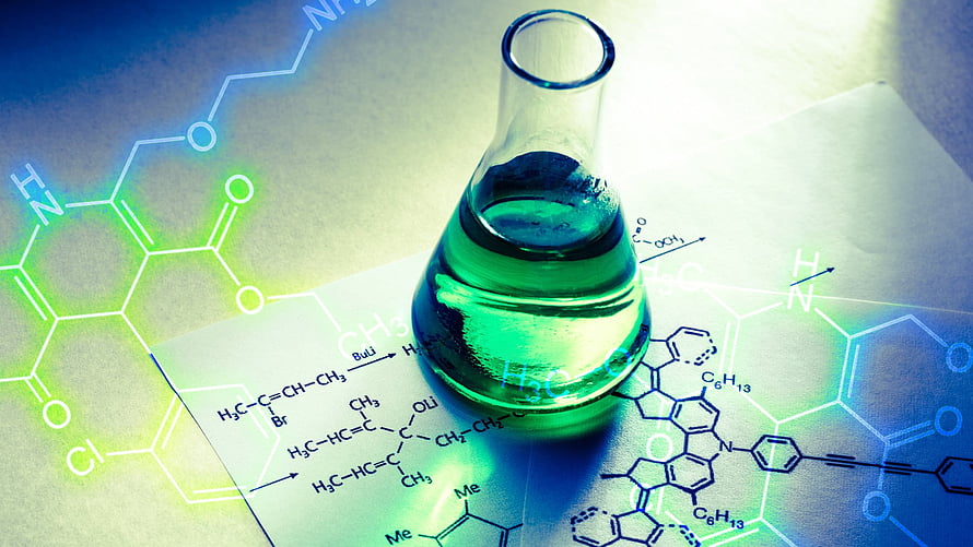 Green Chemical Solution in Erlenmeyer Flask with Molecular Structure Diagrams HD wallpaper