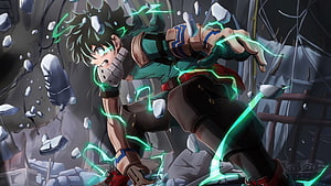 Izuku Midoriya in Dynamic Action Pose with Green Energy and Debris HD wallpaper