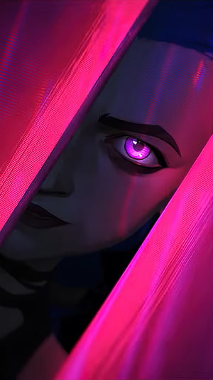 Close-up of a female character with glowing purple eyes peeking through pink fabric in a neon-lit cyberpunk style HD phone wallpaper