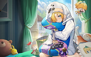 Klee from Genshin Impact relaxing in a cozy bedroom wearing a white hooded outfit and hugging a large plush toy HD wallpaper