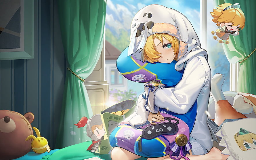 Klee from Genshin Impact relaxing in a cozy bedroom wearing a white hooded outfit and hugging a large plush toy HD wallpaper
