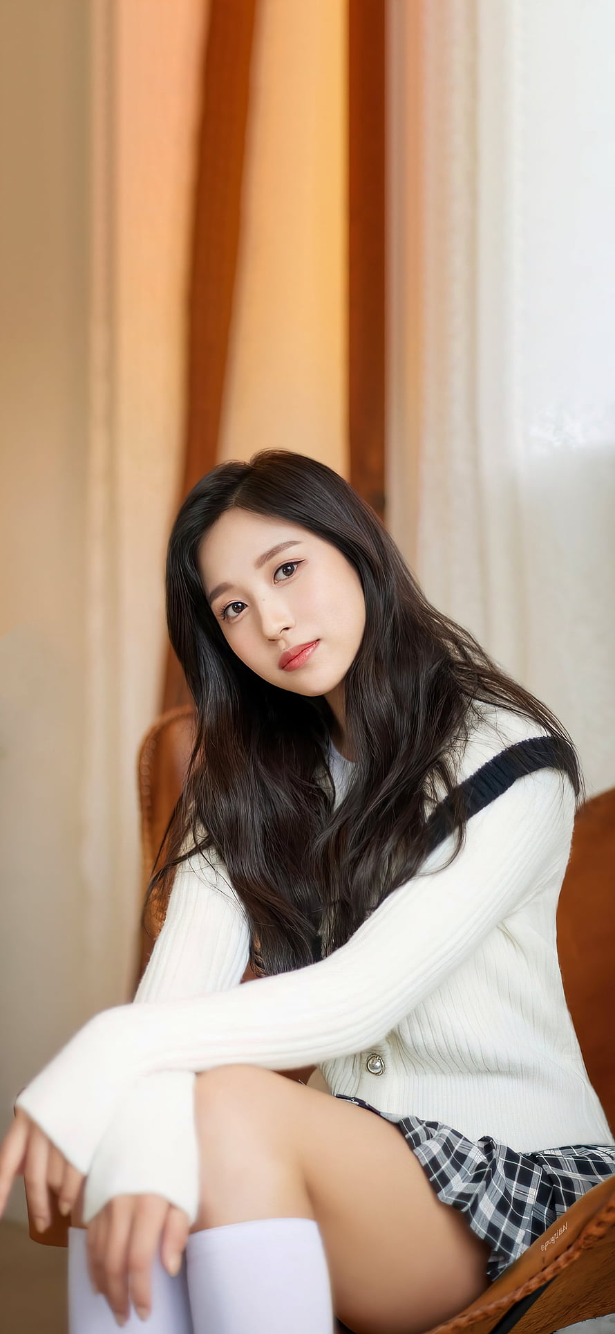Seulgi in White Knit Sweater and Plaid Skirt Portrait HD phone wallpaper