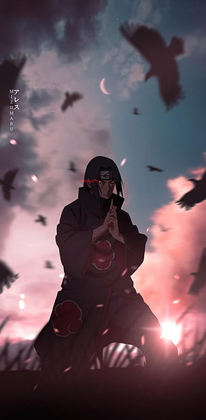 Itachi Uchiha Akatsuki cloak hand seal pose sunset crows anime wallpaper HD phone wallpaper