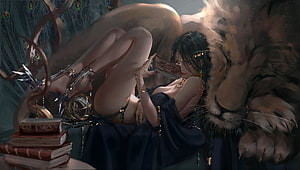 Fantasy illustration of a dark-haired woman reading a book while resting beside a giant lion, adorned with jewelry and peacock feathers, Nap, leu, fantasy, wlop, art, ghostblade, princess, lion, sleep, aeolian HD wallpaper