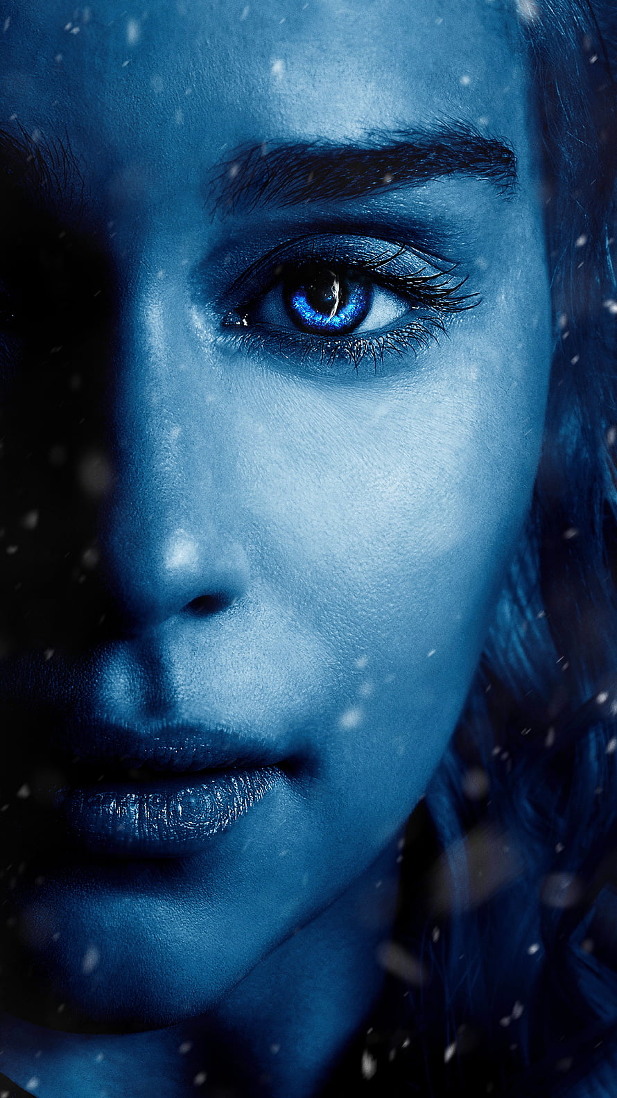 Close-up portrait of a woman with glowing blue eyes and blue skin in a snowy atmosphere, Emilia Clarke, hollywood actress, model HD phone wallpaper