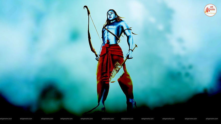 Lord Rama with Bow and Arrow in Dramatic Blue and Red Artwork HD wallpaper
