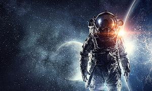 Futuristic Astronaut in Deep Space with Distant Planet and Starfield HD wallpaper