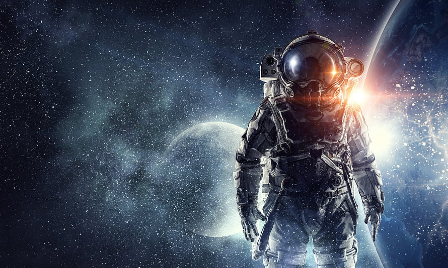 Futuristic Astronaut in Deep Space with Distant Planet and Starfield HD wallpaper