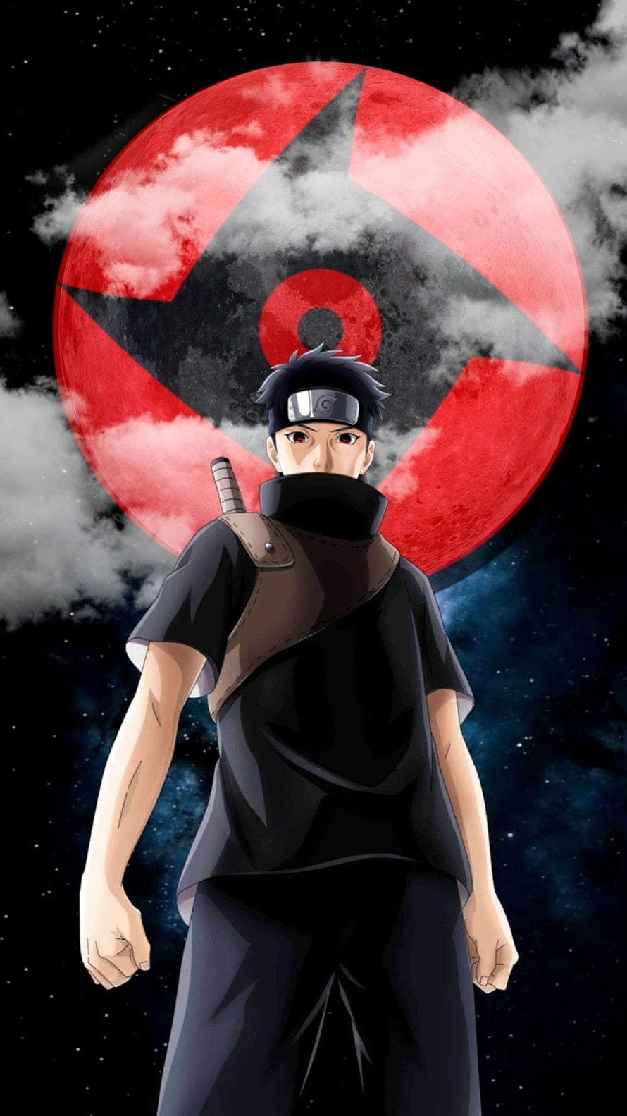 Sasuke Uchiha Standing Before Giant Red Sharingan Moon Anime Wallpaper HD phone wallpaper