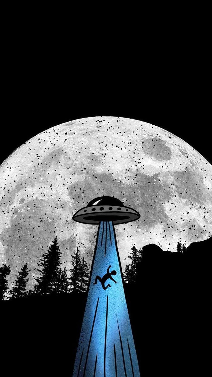 UFO Abduction Scene with Full Moon and Forest Silhouette in Dark Minimalist Style HD phone wallpaper