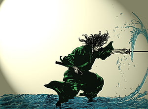 Samurai Warrior Slicing Water Wave With Katana Sword Anime Style HD wallpaper