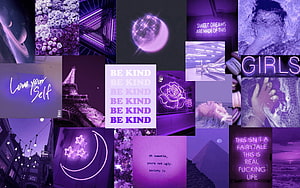 Purple Aesthetic Collage with Neon Signs, Celestial Elements, and Motivational Quotes HD wallpaper