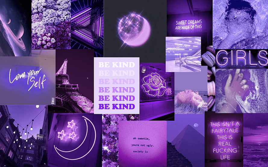 Purple Aesthetic Collage with Neon Signs, Celestial Elements, and Motivational Quotes HD wallpaper
