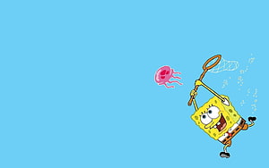 SpongeBob SquarePants Chasing a Jellyfish with a Net on a Light Blue Background HD wallpaper