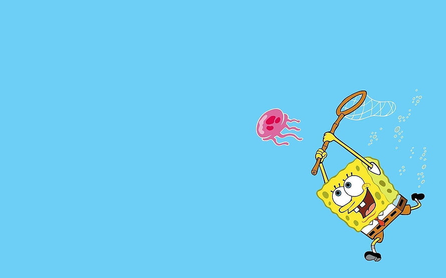 SpongeBob SquarePants Chasing a Jellyfish with a Net on a Light Blue Background HD wallpaper