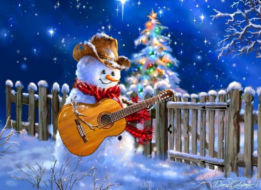 Snowman Playing Acoustic Guitar in Snowy Night Scene with Christmas Tree, Guitar Snowman, winter, holidays, New Year, attractions in dreams, guitar, paintings, stars, snowman, love four seasons, Christmas, snow, xmas and new year, christmas tree HD wallpaper