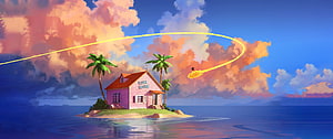 Pink Island House with Palm Trees and Meteor Trail in Vibrant Sunset Sky HD wallpaper