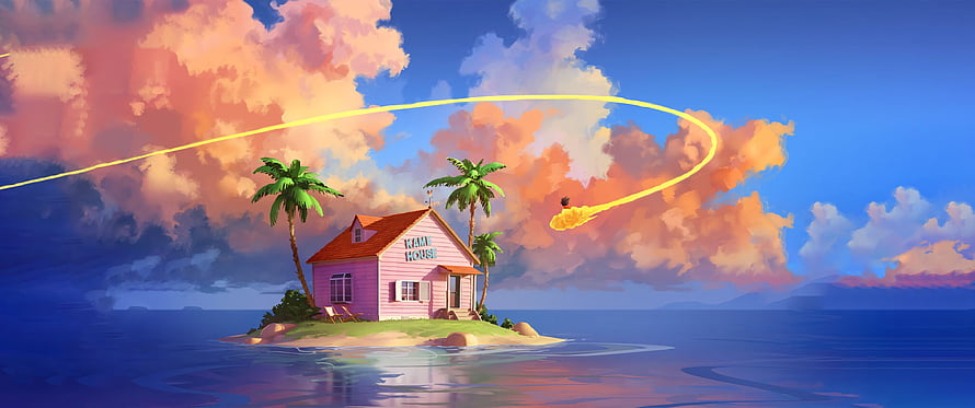Pink Island House with Palm Trees and Meteor Trail in Vibrant Sunset Sky HD wallpaper