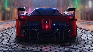 Rear View of a Red Ferrari Hypercar on a Cobblestone Street at Night in Asphalt 9 Legends HD wallpaper