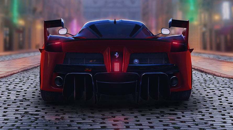 Rear View of a Red Ferrari Hypercar on a Cobblestone Street at Night in Asphalt 9 Legends HD wallpaper