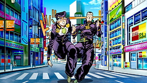 Josuke and Okuyasu Running Through City Streets in JoJo's Bizarre Adventure Part 4 HD wallpaper
